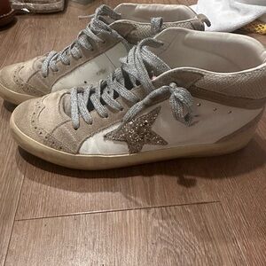 Golden Goose Beige and White High-Top Sneakers